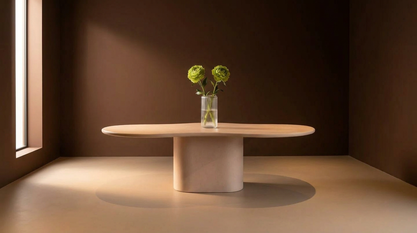 Sculpturale organische tafel in crème microtopping